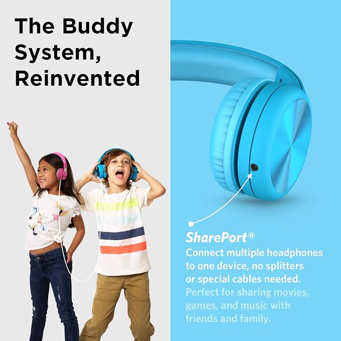 LilGadgets Connect+ Pro Wired Kids Headphones for School with Microphone, Volume Limiting Over-Ear Headset with Cord, SharePort Technology & SoftTouch Padding, Blue