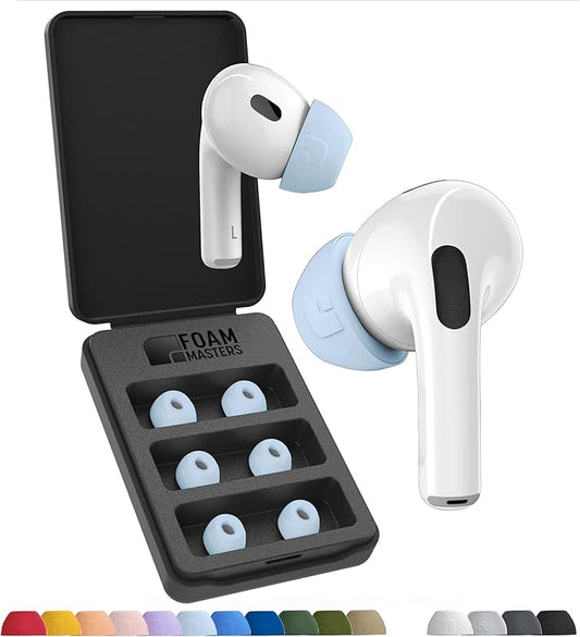 Foam Masters Ultra-Premium Memory Foam Ear Tips for AirPods Pro 1st & 2nd Gen | 3 Pairs | New Ver. | Secure Fit | Super Comfort | Better Noise Cancel | Replacement Buds (Large, Light Blue)