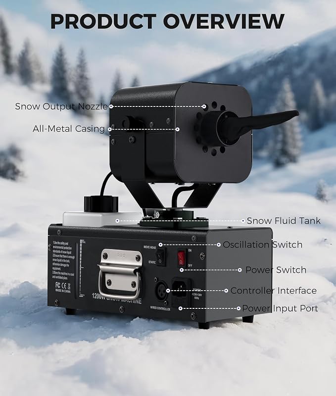 IMONE 1200W Snow Machine 90° Automatic Oscillation, Adjustable Snow Volume & Flake Size, 1L Tank, Dual Wired & Wireless Remote Control, Outdoor Snowflake Maker for Christmas, Weddings, Parties & Stage