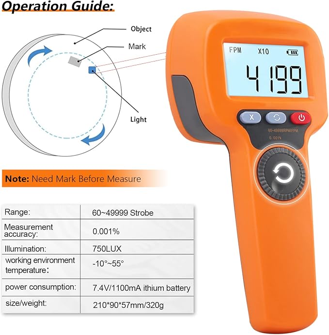 Digital LED Stroboscope Measuring 60-49999 RPM/Hz, Non-Contact Tachometer with 0.001% Accurate Estroboscopio Non-Contact Motor Engine Speed Analyzer for HVAC Motor Engine Speed Tester