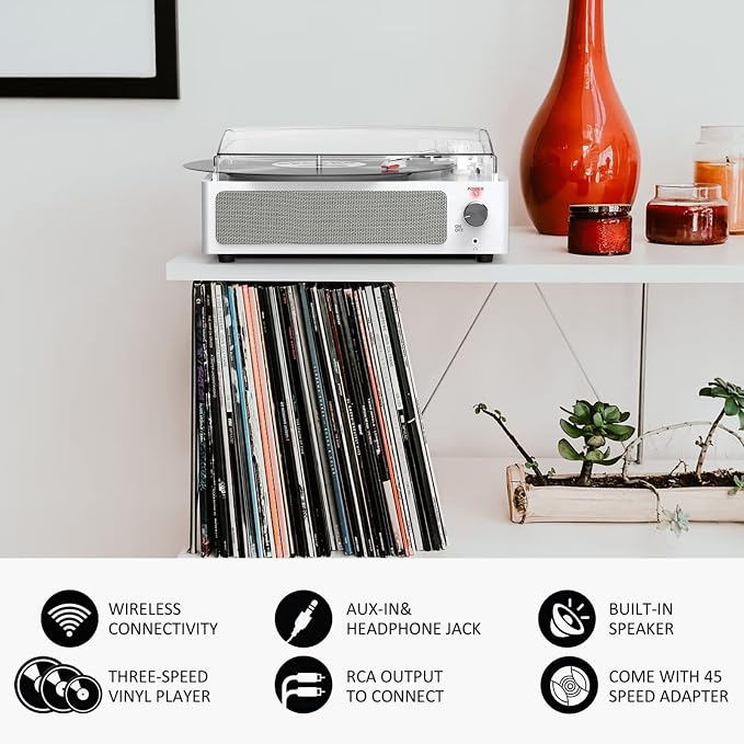 Vinyl Record Player with Speakers Turntable Belt-Driven Turn Table Support 3-Speed 3 Size BT Wireless Playback Headphone AUX-in RCA Line LP Phonographs Audio for Beginner Classic Pure White