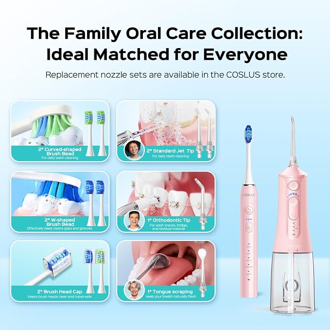 COSLUS C51C30 Electric Toothbrush with Water Flosser Combo: Portable Oral Clean Kit for Teeth Brushing & Flossing, Multiple Modes for Multiple Users, Cordless for Home & Travel Use, Pink