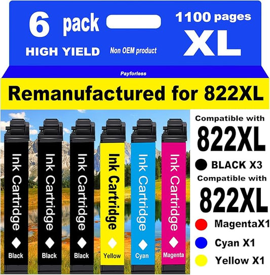 PayForLess Remanufactured Ink Cartridges Replacement for Epson 822XL Ink Cartridges for 822 XL T822 Workforce Pro WF-3820 WF-3823 WF-4820 WF-4830 WF-4833 WF-4834 Printer 6 Pack