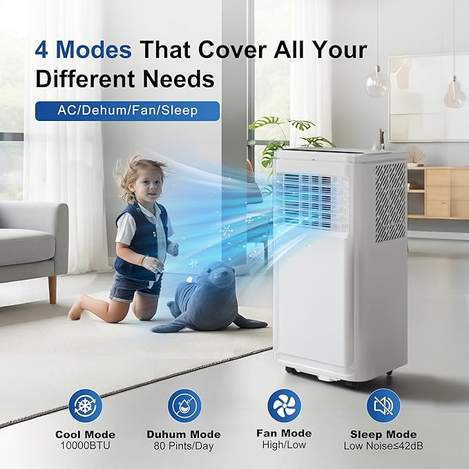 Uthfy 10,000BTU Portable Air Conditioners, 4-in-1 Air Conditioner with Cooling, Fan & Dehumidifier and Sleep, 4 Modes, 24H Timer, Window Kit Included, Portable AC Units for Indoor Room, Bedroom Use