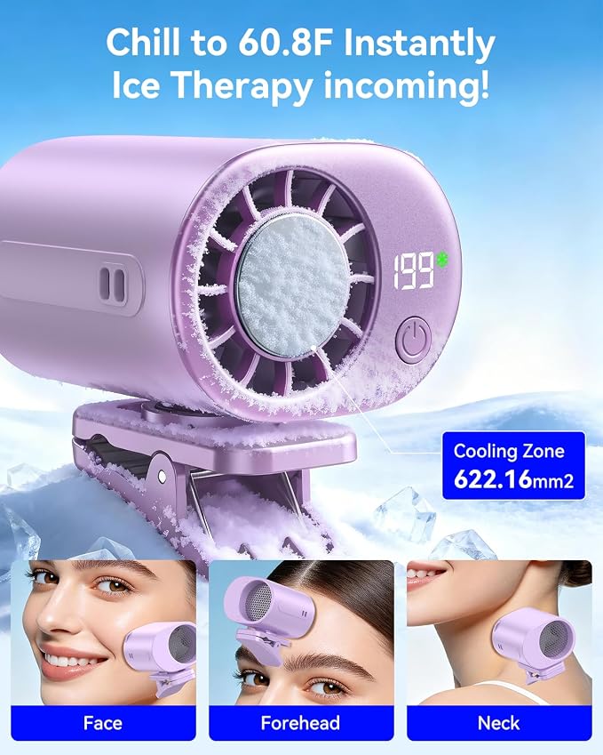 Clip-On Portable Fan with Ice Cooling, 20000 RPM Rechargeable Handheld Turbo Fan, 360° Rotating Detachable Clip, Mini Stroller Fan for Baby, Compact Travel Essentials, Summer Gifts for Women,Purple