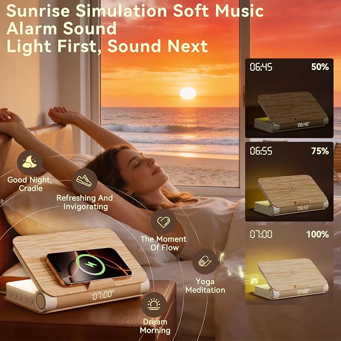 Vivilumens Alarm Clocks Bluetooth Speaker Dual Charging Wireless Bedside Lamp Night Light for Adults Teens with Book Shape Sunrise Wake Up Light for Bedroom Home Decor Gifts for Father（Wooden Grain）