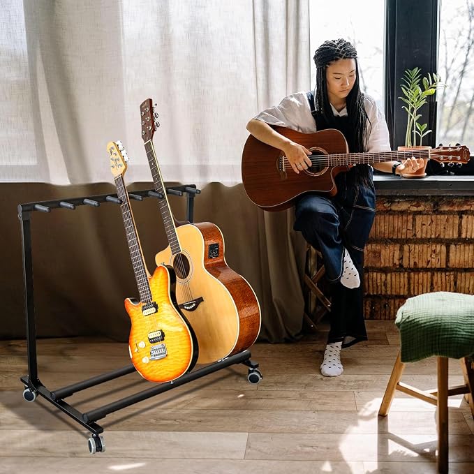 GarveeHome 7 Guitar Stand Rack with Wheels, Folding Design 7 Holder Multi Guitar Rack Guitar Rolling Stand Multiple Instrument Stage Studio Display Rack Movable for Acoustic Electric Guitar Bass