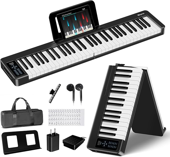 Rhymo Folding Piano Keyboard, 61 Keys Sensitive Electric Piano, Weighted Portable Electric Keyboards with Bluetooth MIDI, Digital Foldable Keyboard for Beginner (Black)