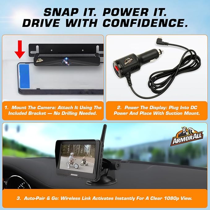 ARMOR ALL Solar Wireless Backup Camera:5" HD 1080P Monitor,3 Mins DIY Installation & 5000 mAh Battery Powered Solar Back Up Camera Systems, IP69K Waterproof Reverse Camera for Car, Van, Truck, Trailer
