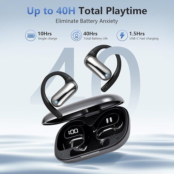 Open Ear Headphones Wireless Bluetooth 6.1, Over Ear Earbuds with Ergonomic Earhooks, 40H Playtime Sports Wireless Earbuds, IPX6 Waterproof Lightweight Running Headphones for Workout, Cycling