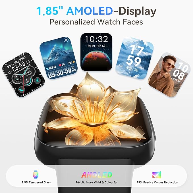 Smart Watch for Men/Women, Answer/Make Call, 1.85" AMOLED Always-On Display Screen Smartwatch for iPhone & Android, 3ATM Waterproof Fitness Tracker with Heart Rate/Sleep/SpO2 Monitor, 120+ Sport Modes