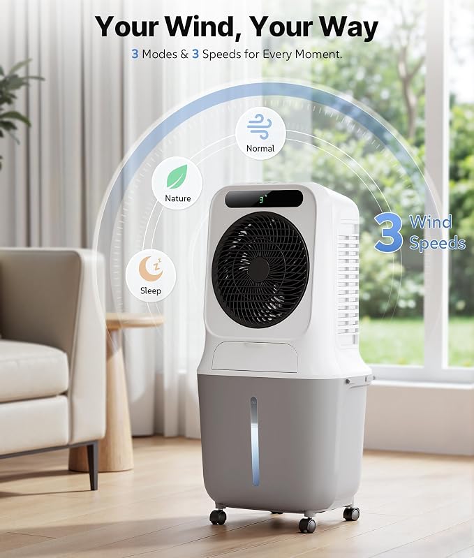 3-in-1 Evaporative Air Cooler - Portable Swamp Cooler Air Conditioner with 3 Modes & 3 Speeds, 6.6 Gallon Cold Air Cooler, Cooling Fans that Blow Cold Air for Home, Office, 2 Ice Packs