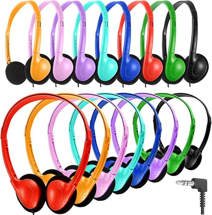 Bulk Headphones 25 Pack for Kids School Classroom, Wholesale Wired Adjustable On Ear Earphones Class Set for Students Children Toddler Teens Boys Girls and Adult Computer 3.5mm Jack (HY857,25 Mixed)