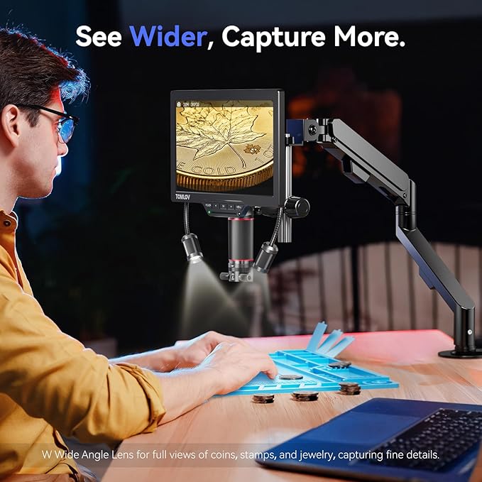 TOMLOV 3D Digital Soldering Microscope: Magnetic Dual Lens Micro Scope TM3K-3D Max For Adult, Coin Microscope with Flex Arm, 3K 10.1-Inch IPS Screen, HDMI/USB Output, Gooseneck Light, Repair Mat, 16GB