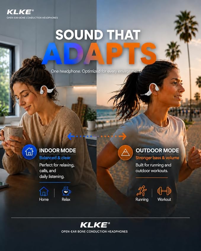 Open-Ear Bone Conduction Headphones for Running, Bluetooth Sports Headphones with Rear Safety Light, Dual Modes, Adjustable Fit, IP66 Waterproof, Mic, 10H Playtime for Gym Cycling