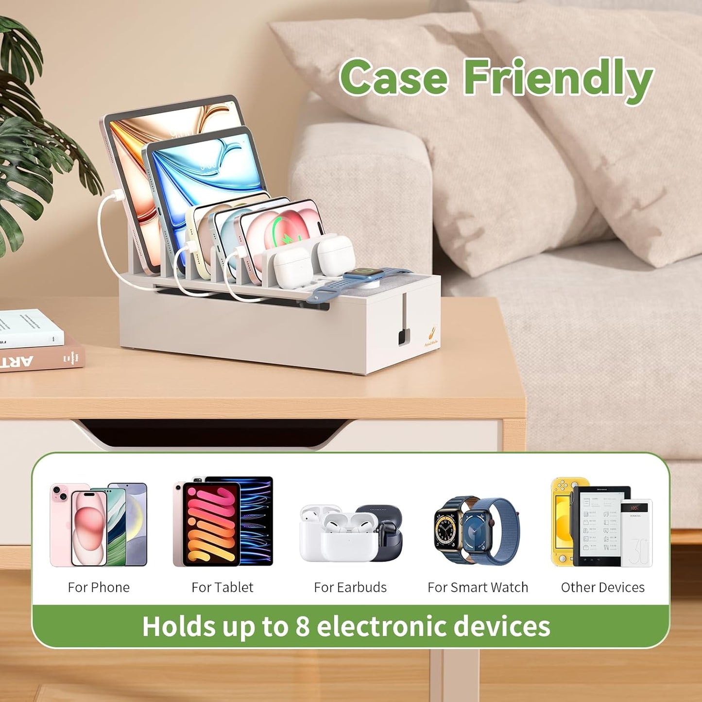 Pezin & Hulin Multi Charger Station Organizer Rack, Bamboo Cable Management Box, Power Strips and Cord Hider, Nightstand Device Organizer (Include 6 Cables)(No Power Charging Supply) -White