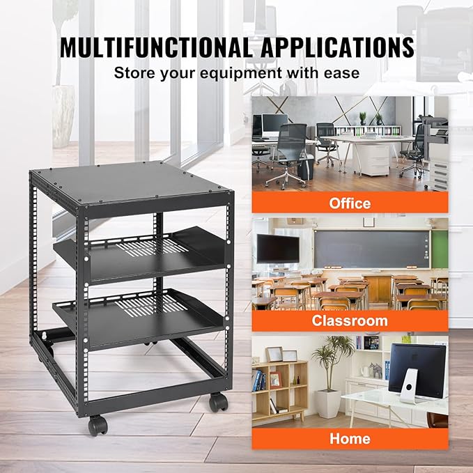 VEVOR 12U Open Frame Server Rack, 23-40 in Adjustable Depth, Free Standing or Wall Mount Network Server Rack, 4 Post AV Rack with Casters, Holds All Your Networking IT Equipment AV Gear Router Modem