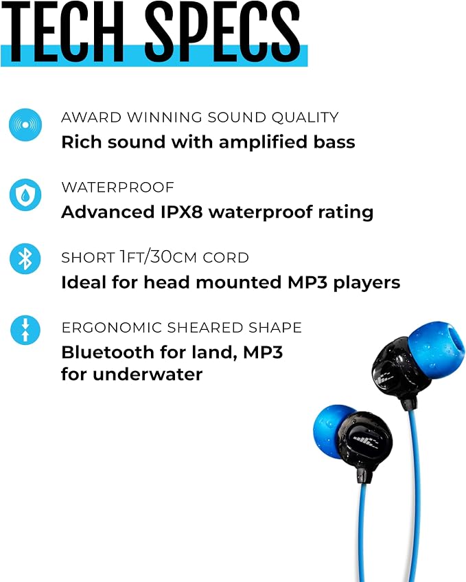 H2O Audio Surge S+ Waterproof Sport Headphones, (Short Cord Design) – in-Ear Sweatproof Earbuds for Swimming, Running, Cycling – IPX8 Waterproof, Compatible with iPods & MP3 Players