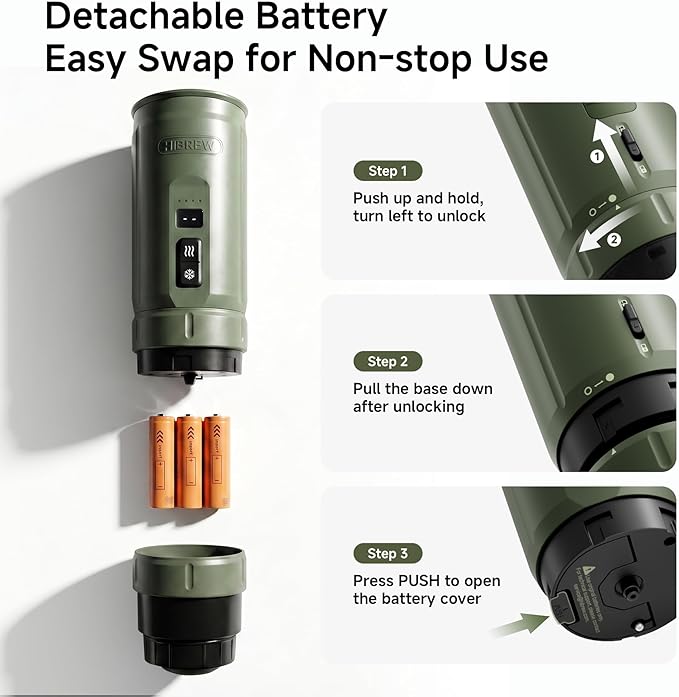 HIBREW H4C Explorer - Portable Electric Espresso Machine, USB-C Rechargeable Coffee Machine for Camping and Travel, Compact for Capsules & Ground Coffee, with Foldable Holder & Carrying Case (Green)