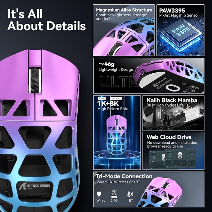 R3 46g Superlight Magnesium Alloy Wireless Gaming Mouse, BT/2.4Ghz/Wired Computer Mouse, 8000Hz Wireless Polling Rate, PAW3395 26K DPI Sensor, Programmable Mice, PC/Laptop/Mac (Purple&Blue)