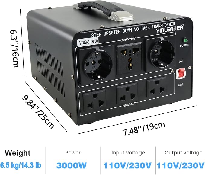 Yinleader 3000W Voltage Converter Transformer(110V to 220V,220V to 110V) Step Up/Down Converter 110/120 Volt - 220/240 Volt w/US Standard Power Cord,Circuit Breaker Protection (VTUS-EU3000)