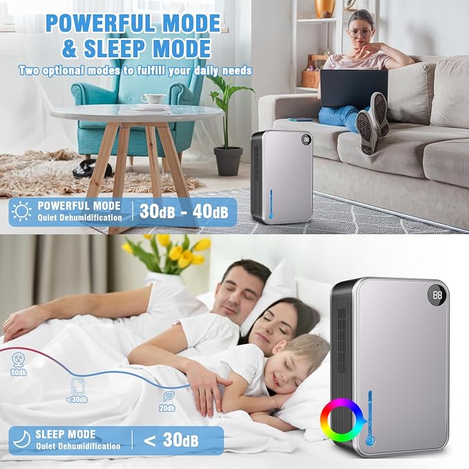 Dehumidifier, 55OZ Dehumidifiers for Home, Quiet with Auto Shut Off, Humidity Display Dehumidifier for Bedroom/Bathroom, Timer, Drain Hose, 7-color LED light, Moisture Absorbers (Grey)
