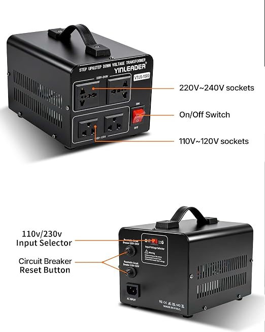 Yinleader 1500W 110V to 220V or 220V/230V/240V to 110V/120V Power Converter Step Up/Down Voltage Transformer Converter for Use 220V Overseas Appliances