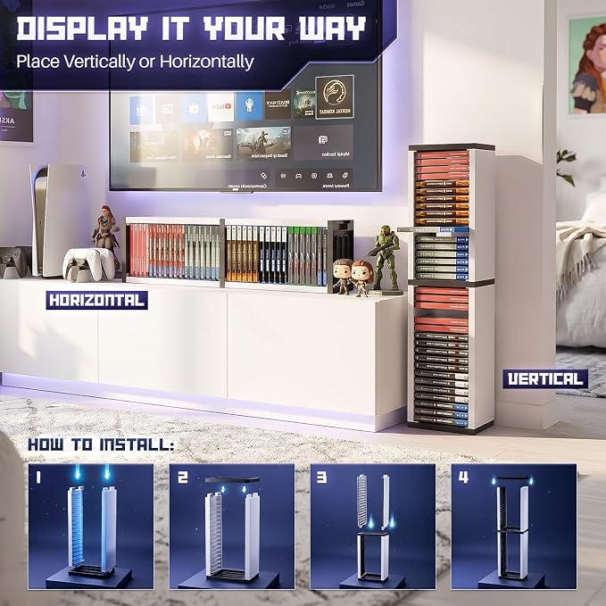 TNP Universal Video Game Storage Tower for PS5, PS4, PS3, Nintendo Switch, Xbox One, Xbox Series S/X - White Video Game Holder Organizer Stand with 36 CD Case Storage for Organizing & Displaying