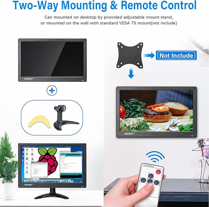 Haiway 11.6 inch Security Monitor, 1366x768 LED Monitor Small HDMI Monitors with Remote Control Built-in Speakers, Mini Monitors HDMI VGA AV BNC USB Input for CCTV Raspberry Pi PC Fire Stick Gaming