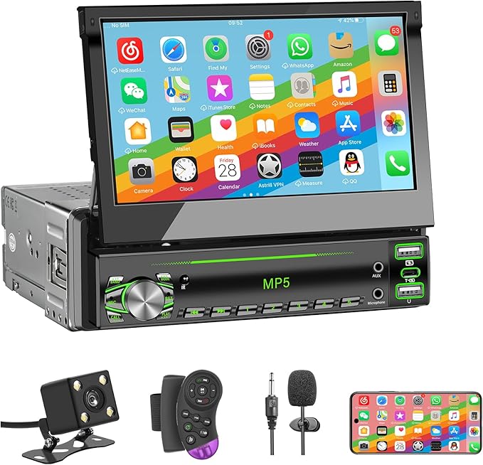 Single DIN Touchscreen Radio, Flip Up Screen Car Stereo with Bluetooth, Flip Out Single DIN Radio Supports MirrorLink, FM Radio, EQ, 1080P, USB, Aux-in HD Backup Camera & SWC for Car Audio Upgrade