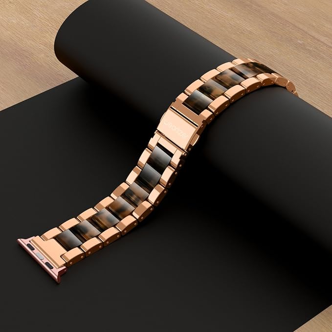 Wearlizer Compatible with Apple Watch Bands 42/44/45/46/49mm Wristband Womens Mens， Stainless Steel Fashion Resin Strap iWatch Series 11 10 9 8 7 6 5 4 3 SE/Ultra 3 2 1-Dark Rose Gold+Tortoise