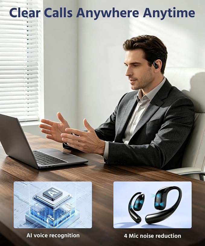 Open Ear Earbuds, Soft Earhook, 56H Playtime, Bluetooth 6.0, Bass | True wireless over ear headphones, Ergonomic fit, Powerful sound, AI clear call mic, IP55 waterproof for work, sport, Black