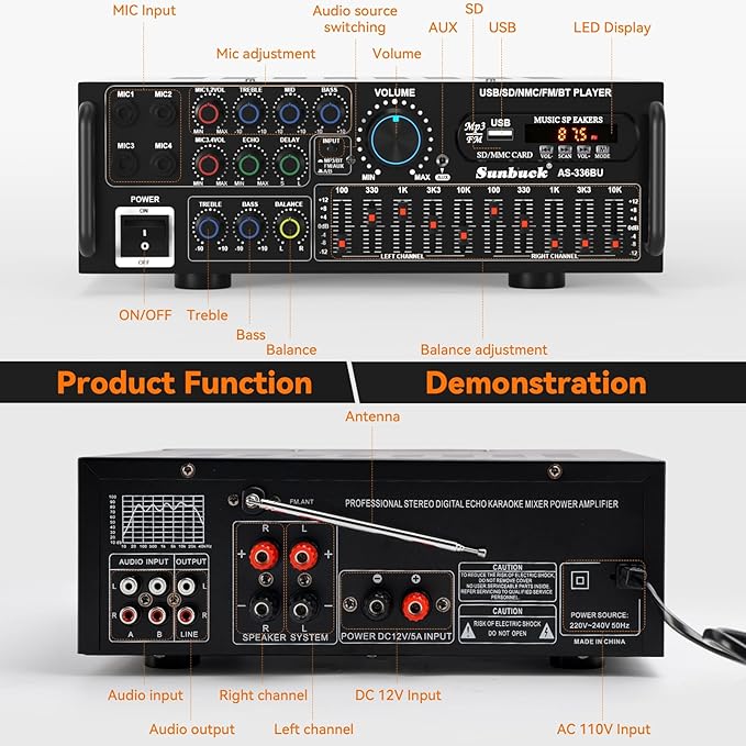 2000W Stereo Audio Amplifier for Home Theater, Car Audio, Karaoke, Party, Outdoor Camping with Multiple Input Modes EQ Mixer, Mic Input, Remote Control, 2.0 Channel