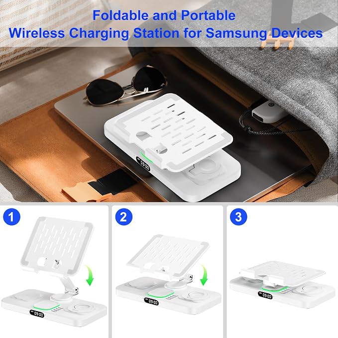 30W Tablet Wireless Charger for Samsung, Foldable Android Charging Station with Clock Display with 7-Color Light, Wireless Watch Charger for S25, Only Compatible Samsung Watch, Galaxy Buds3 Pro(White)