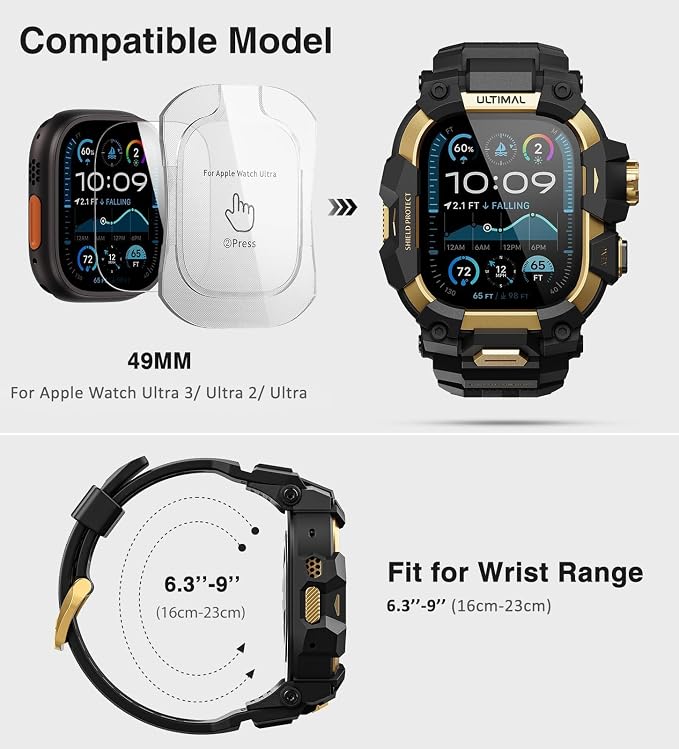 ULTIMAL Rugged Case with Band for Apple Watch 49mm,Compatible with Apple Watch Ultra 3/2/1, Military Grade Shockproof Bumper Cover for iWatch Tactical Band Men (49mm,Gold)