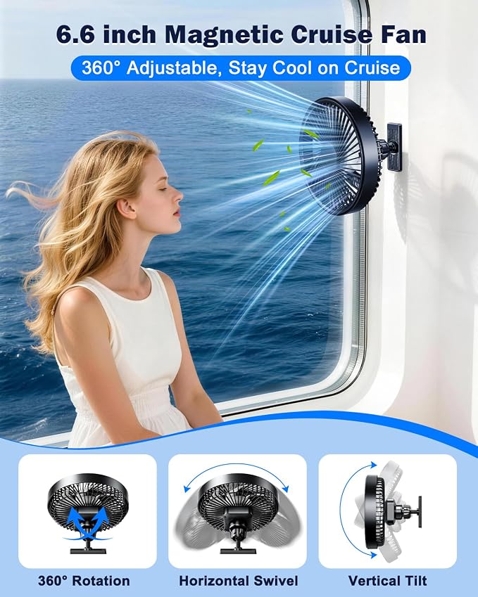 Magnetic Cruise Approved Fan, Portable Travel Fan 360 Degree Adjustable, 3 Speed, Rechargeable Cooling Fan for Cruise Ship Cabin, Golf Cart, GYM, Kitchen Refrigerator, Cruise Essentials 2026, Black