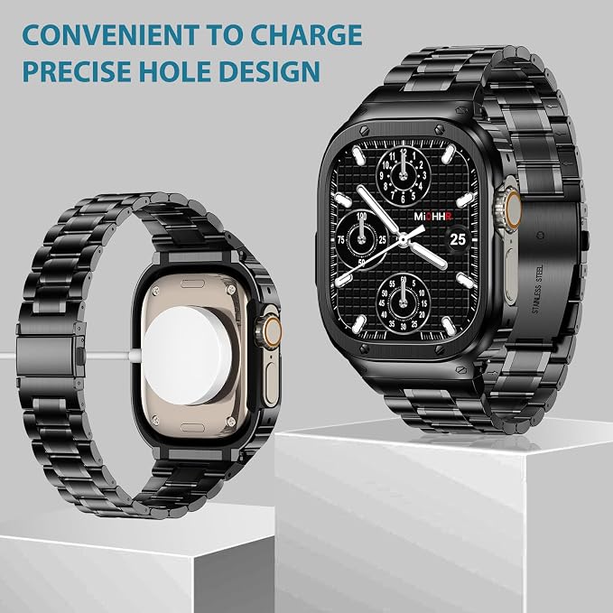 MioHHR Stainless Steel Watch Band with Case Compatible with Apple Watch Ultra3 2 1(49mm),Rugged Strap with Metal Protective Bumper Cover for iWatch Band Men(Black)