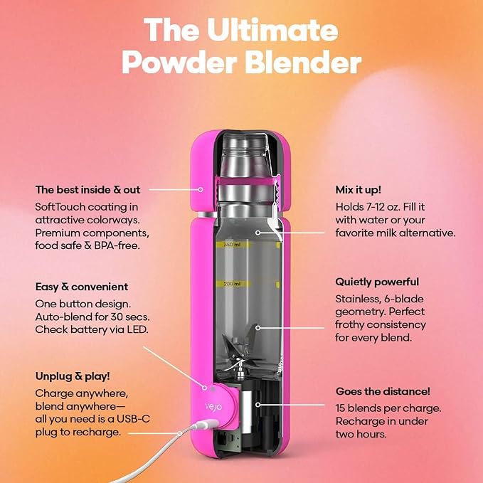 VEJO 12oz Electric Protein Shaker Bottle – USB Rechargeable Powder Mixer for Protein Shakes, Pre-Workout, Creatine | No Clumps, No Ball | 6-Blade Blending | BPA-Free | Gym Bag Travel Size | Red