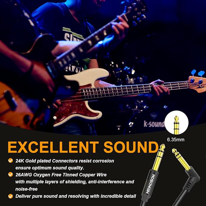 HOSONGIN 1/4 Inch TRS Instrument Cable 6.6 feet 2-Pack, Straight-to-Right Angle 6.35mm Male Stereo Audio Cord, Balanced Interconnect Line for Electric Guitar, Bass, Keyboard, Mixer, Amplifier, Speaker
