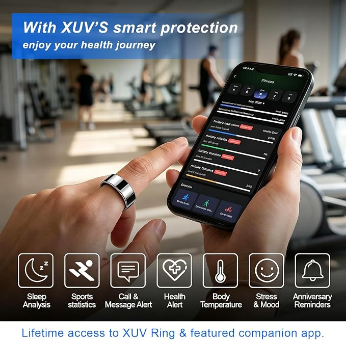 XUV Smart Rings for Men Women, Ultra-Thin Sleep Tracker Ring, Waterproof Smart Ring with Silent Vibration Alerts&Reminder, Heart Rate, SPO₂, HRV, Blood Oxygen, Run, No APP Fee for OS&Android(Black, 8)