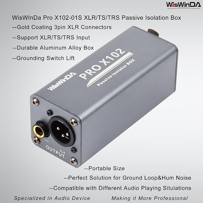 Pro X102-1S 1/4 6.35 TRS/TS/XLR Multi-Purpose Hum Eliminator Box Microphone and Audio Player Ground Loop Noise Isolator HiFi Stereo Noise Filter for Different Audio Using Systems