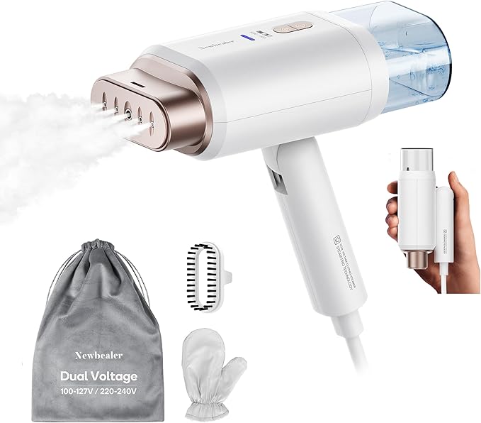 Newbealer Pro Business Travel Steamer, 1200W Dual Voltage, 180ml (Gold) | Foldable & 20s Fast Heat, 360° Anti-Spill Garment Steamer, Solid 1.72 lbs, Auto-Off, for Global Business Trip/Hotel/Office