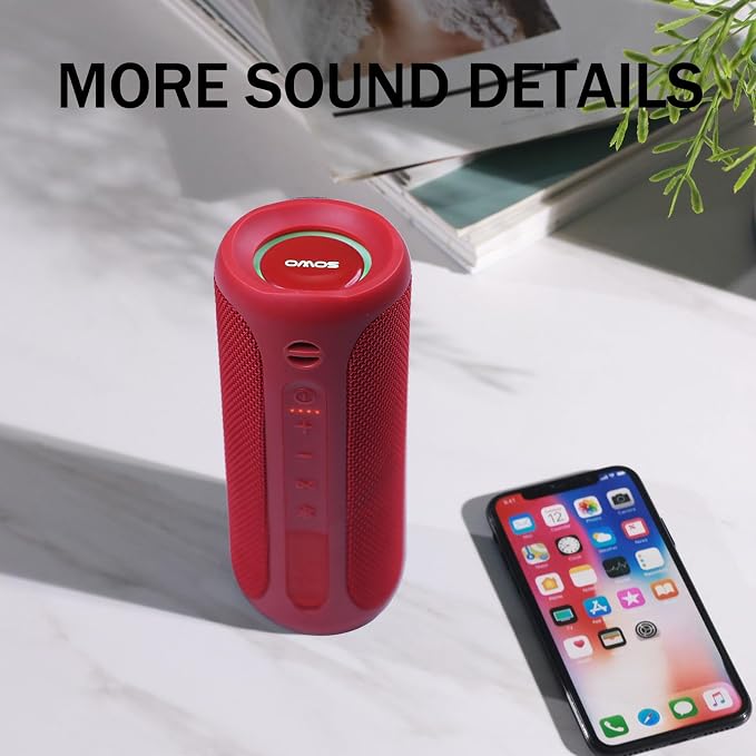 SOWO Portable Bluetooth Speaker, Waterproof IPX7, 25W Loud Wirelss Speaker | Big Audio and Punchy Bass, LED Light with TWS Pairing, 16H Playtime, Outdoor for Party, Beach, Travel, Girls Gifts - Red