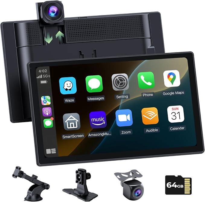 Carplay Screen for Apple CarPlay & Android Auto for Car with 4K Dash Cam,Backup Camera,Portable 9" HD IPS Screen for Car,GPS Navigation,Bluetooth,AirPlay,AUX/FM for All Vehicles