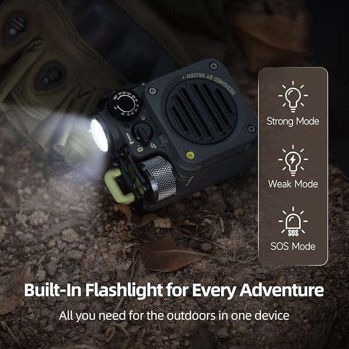 Muzen Upgraded Wild Mini 3.0 Outdoor Portable Wireless Bluetooth Speaker with FM Radio, Phone Charger/15H Playtime/IPX5 Waterproof/3 Mode Flashlight, Rugged Gear for Man Camping/Hiking/Travel(Gray)