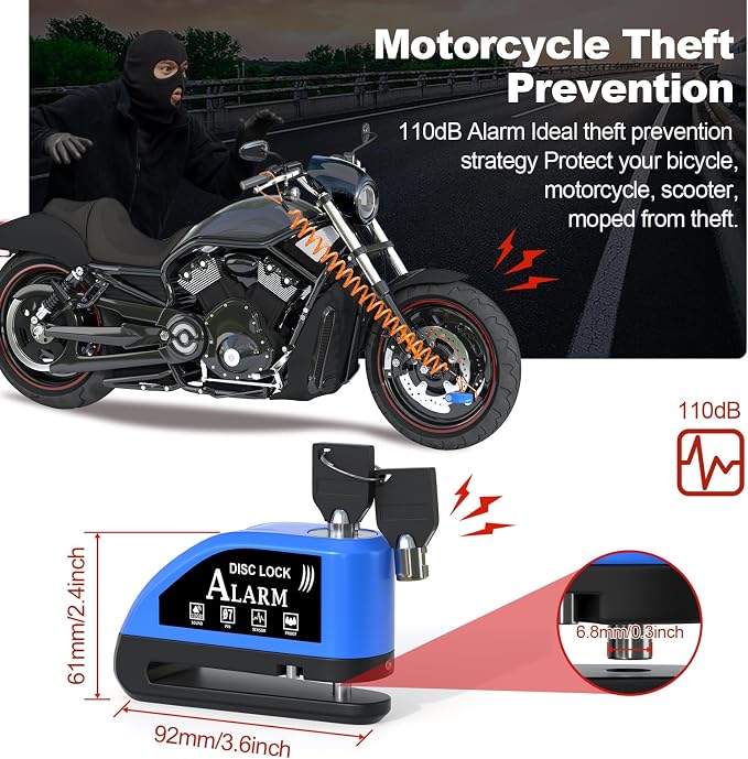 JAGASOL Motorcycle Lock Rechargeable, Alarm Disc Brake Lock with Reminder Cable, 110 dB Alarm Sound, Anti-Theft Waterproof, 2 H Fast-Charging, 9 Months Standby, 7 mm Lock Pin Universal for Bikes