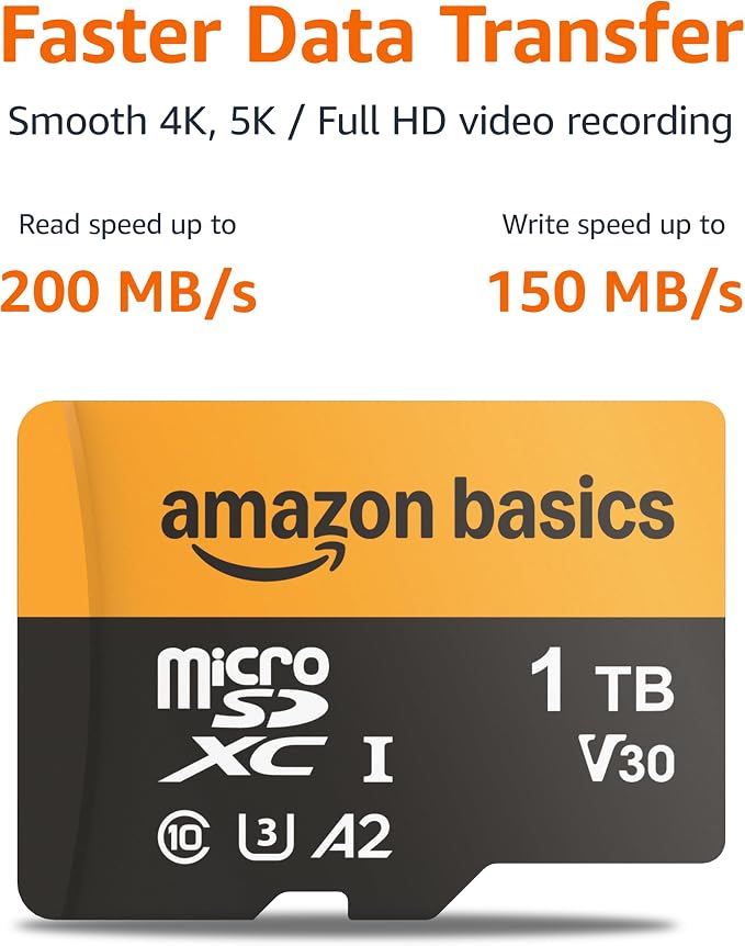 Amazon Basics 1TB microSDXC Card with Adapter for Smartphones, Full HD, Tablets, Drones, Action Cameras, Read Speed Up to 200MB/s, 1-Pack