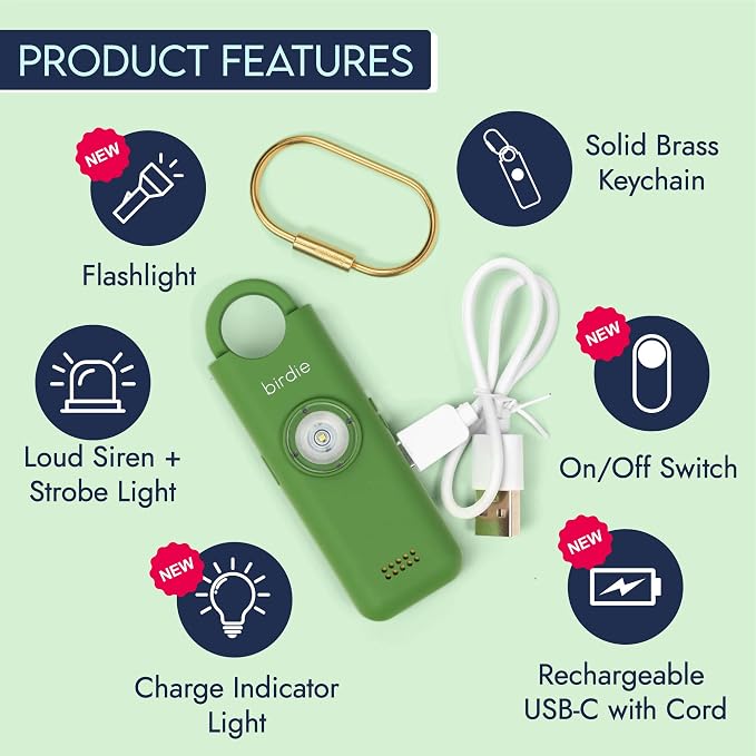 She’s Birdie 3.0 New Version – The Original Personal Safety Alarm for Women by Women–Loud Siren, Flash Light and Rechargeable Battery in a Variety of Colors (Forest)