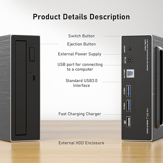 4 in 1 External Blu Ray Drive, 16x USB 3.0 and Type-C External Bluray Drive, Multi-Function Fast-Charging Desktop BD/CD/DVD Burner/Read with HDD Enclosure USB HUB for Both Mac/PC