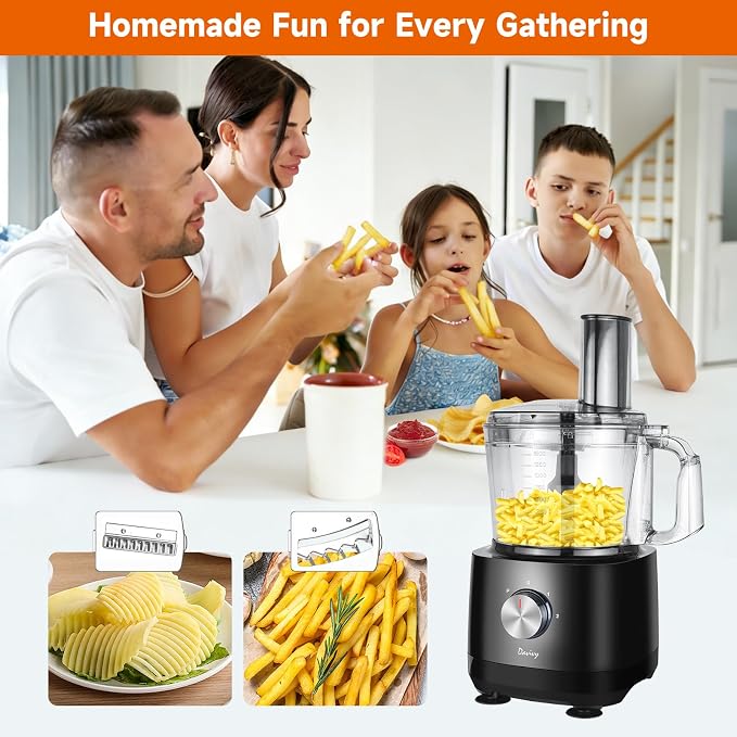 Davivy 7-Cup Food Processor with Built-in Storage Drawer | 600W Motor, 9-Blade Set for Wavy Slicing, French Fries, Dough Kneading | 3-Speed Compact Chopper for Home Kitchen Meal Prep, Black